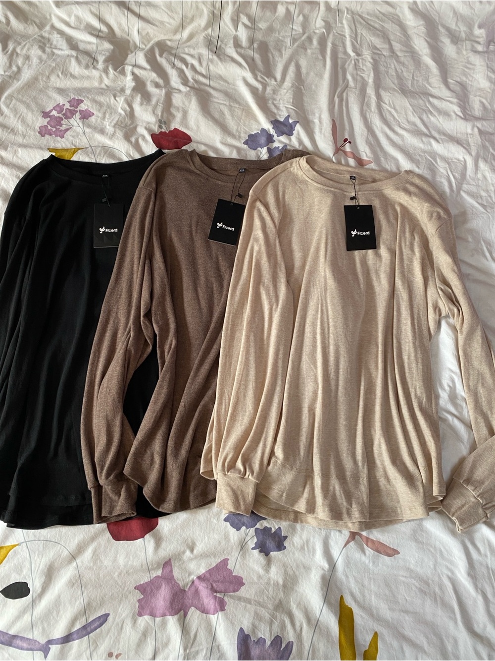 Three-Set Long Sleeve Tops - Black, Brown, Cream